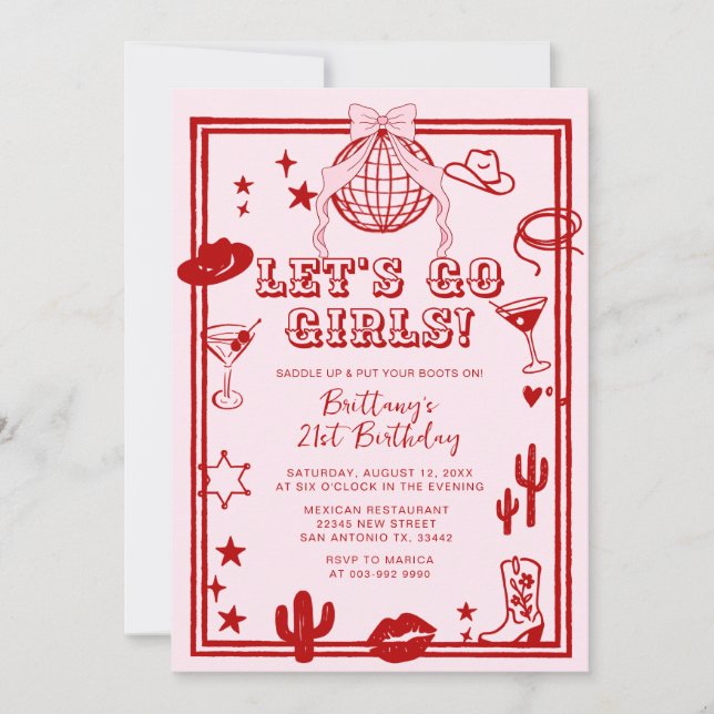Invitation d'anniversaire Rouge Let's Go Girls (Devant)