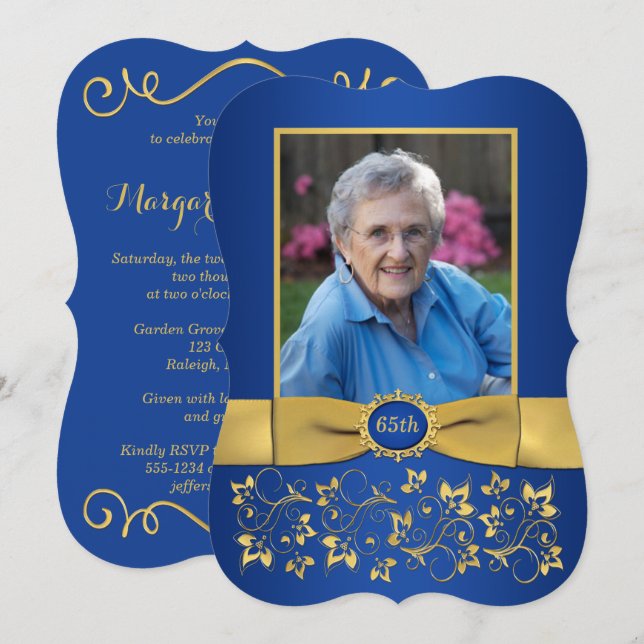 Invitation d'anniversaire Royal Blue and Gold 65th (Devant / Derrière)