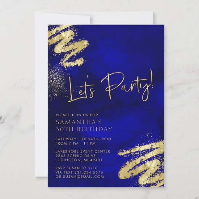 Invitation d'anniversaire Royal Blue et Gold (Devant)