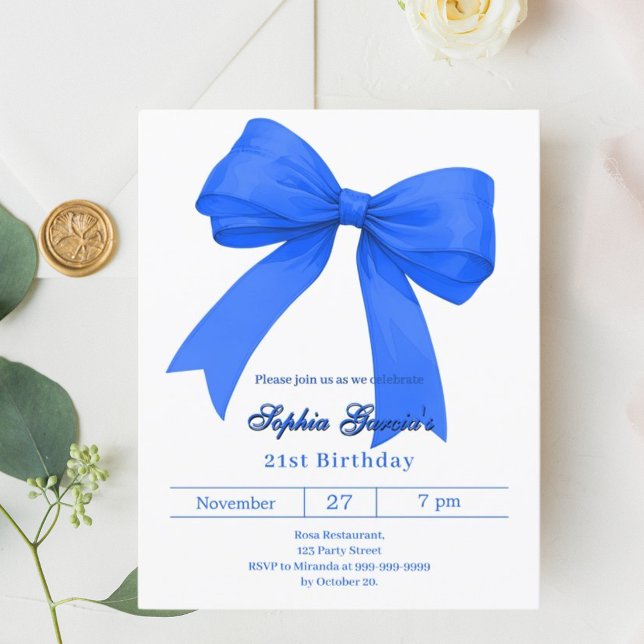 Invitation d'anniversaire Royal blue white bow (Créateur téléchargé)