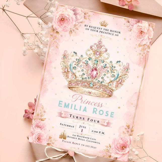 Invitation d'anniversaire royale florale rose (Créateur téléchargé)