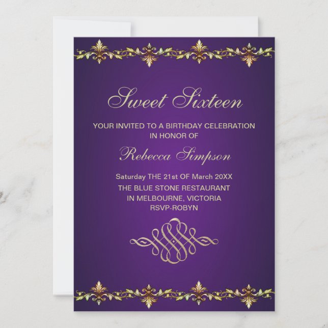 Invitation d'anniversaire Royale Violette & Feuill (Devant)