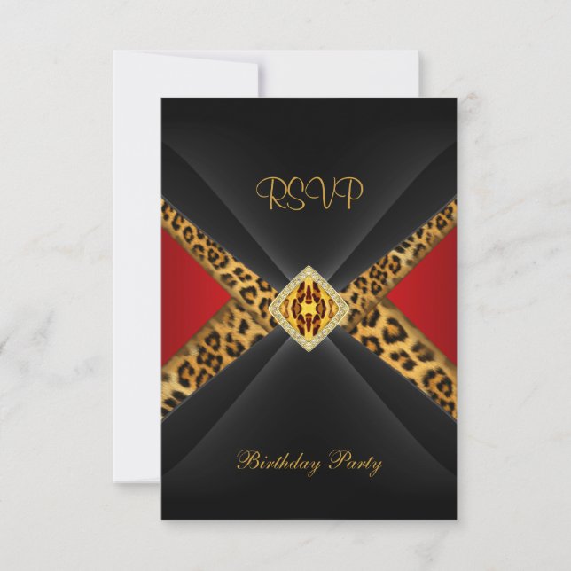 Invitation d'anniversaire RSVP Rouge Or Noir Léopa (Devant)