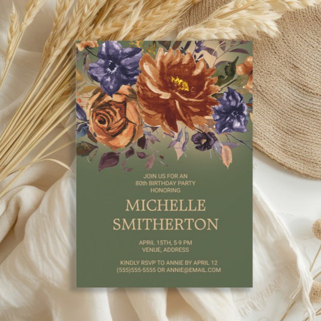 Invitation d'anniversaire Rust Orange Bleu Floral  (Rust floral on olive green 80th birthday party invitation)