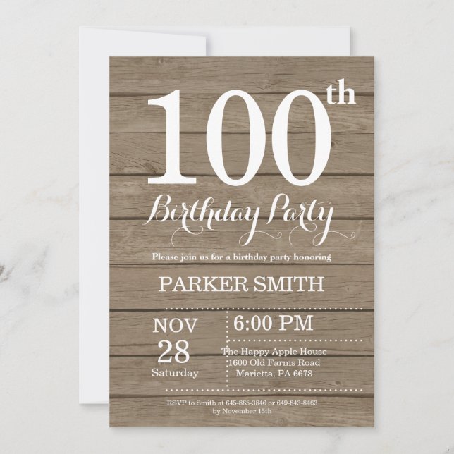 Invitation d'anniversaire rustique 100 ans (Devant)