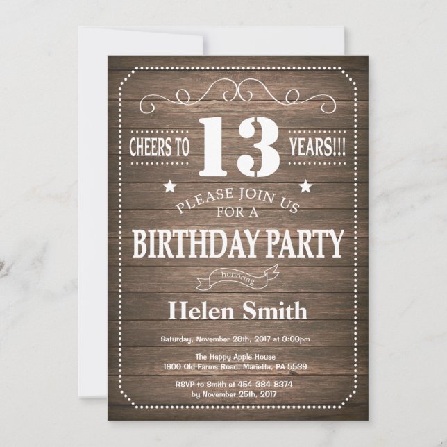 Invitation d'anniversaire rustique 13 ans (Devant)