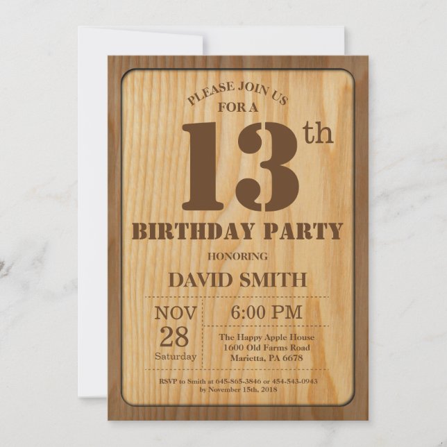 Invitation d'anniversaire rustique 13 ans Bois vin (Devant)