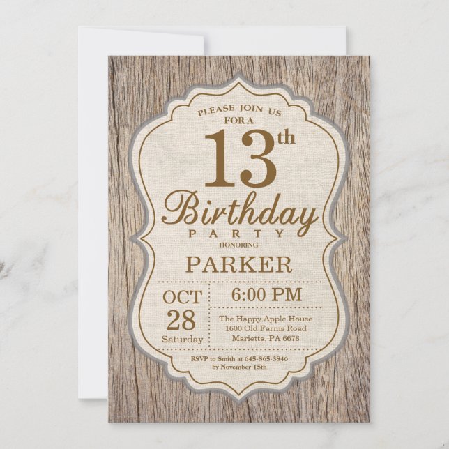 Invitation d'anniversaire rustique 13 ans en bois (Devant)