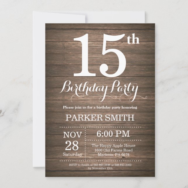 Invitation d'anniversaire rustique 15 ans (Devant)