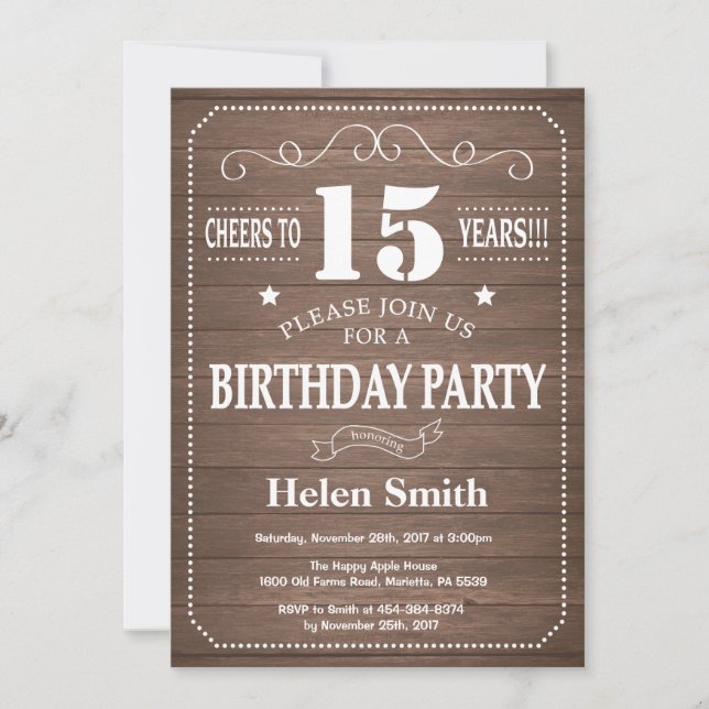 Invitation d'anniversaire rustique 15 ans (Devant)