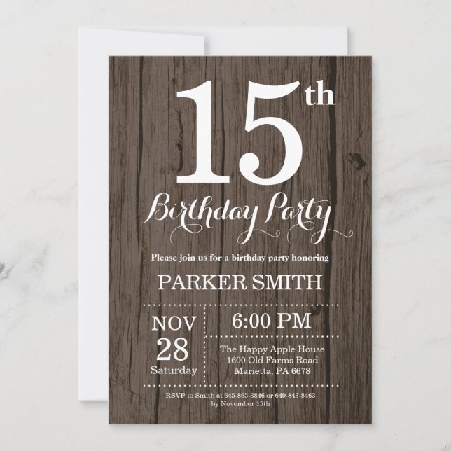 Invitation d'anniversaire rustique 15 ans (Devant)