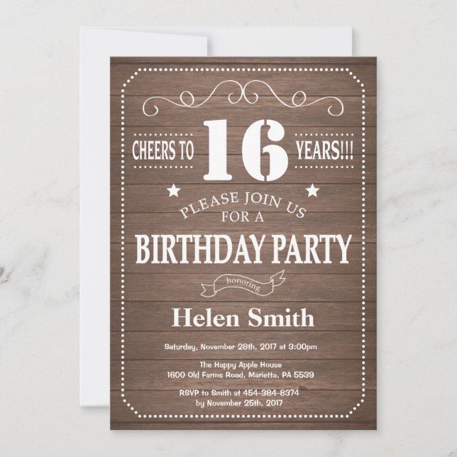 Invitation d'anniversaire rustique 16 ans (Devant)