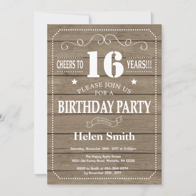 Invitation d'anniversaire rustique 16 ans (Devant)