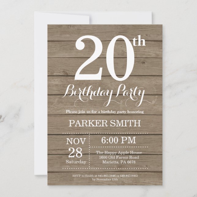 Invitation d'anniversaire rustique 20 ans (Devant)