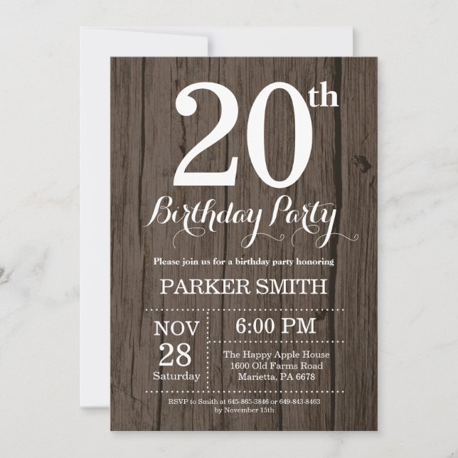 Invitation d'anniversaire rustique 20 ans (Devant)