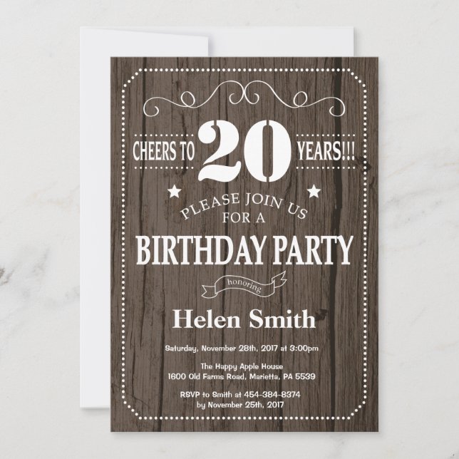 Invitation d'anniversaire rustique 20 ans (Devant)