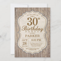 Invitation d'anniversaire rustique 30 ans en bois