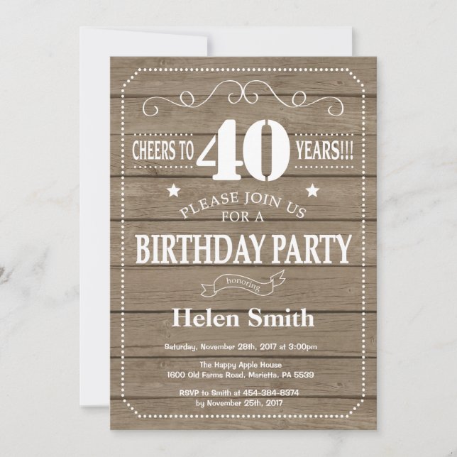 Invitation d'anniversaire rustique 40 ans (Devant)