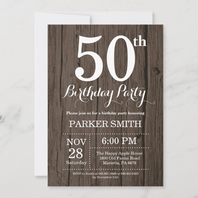 Invitation d'anniversaire rustique 50 ans (Devant)