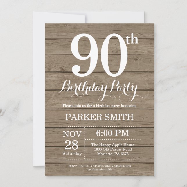Invitation d'anniversaire rustique 90 ans (Devant)