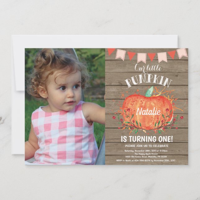 Invitation d'anniversaire rustique citrouille rose (Devant)