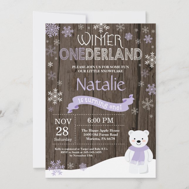 Invitation d'anniversaire rustique d'hiver Onederl (Devant)