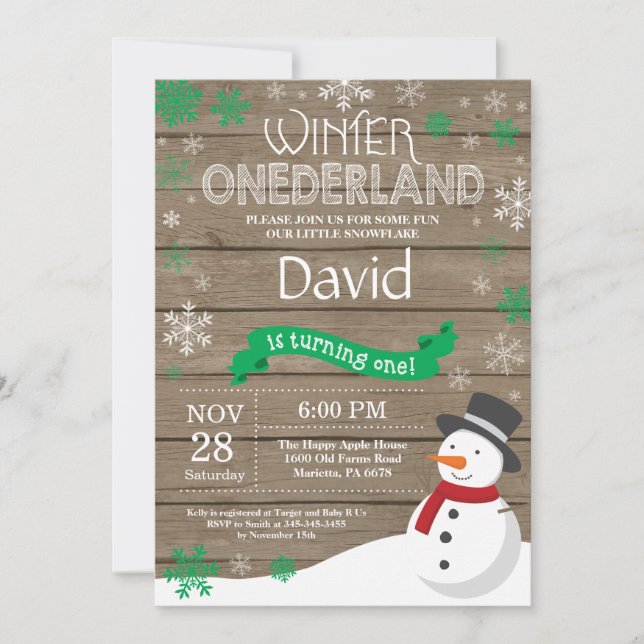 Invitation d'anniversaire rustique d'hiver Onederl (Devant)