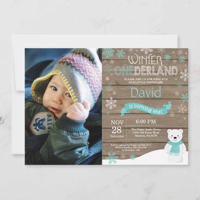 Invitation d'anniversaire rustique d'hiver Onederl (Devant)