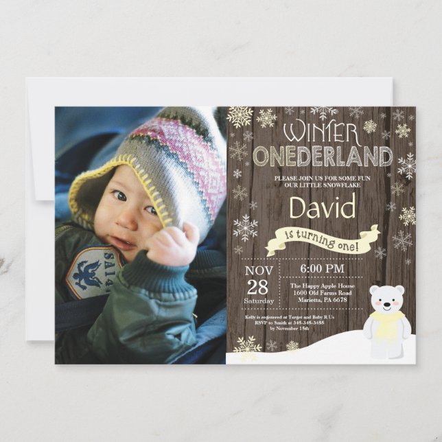 Invitation d'anniversaire rustique d'hiver Onederl (Devant)