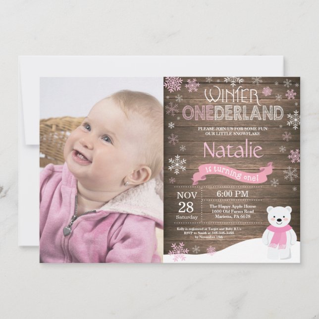 Invitation d'anniversaire rustique d'hiver Onederl (Devant)