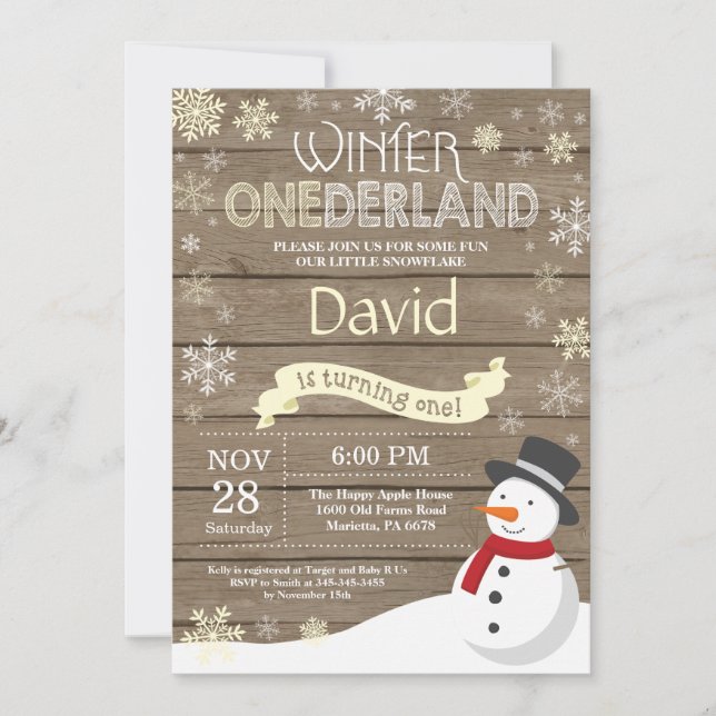 Invitation d'anniversaire rustique d'hiver Onederl (Devant)