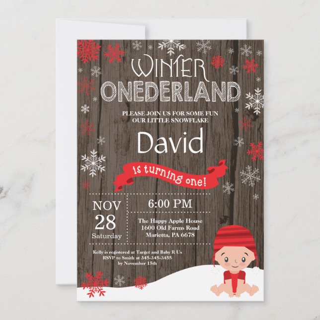 Invitation d'anniversaire rustique d'hiver Onederl (Devant)