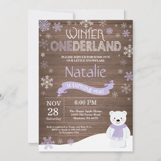 Invitation d'anniversaire rustique d'hiver Onederl (Devant)