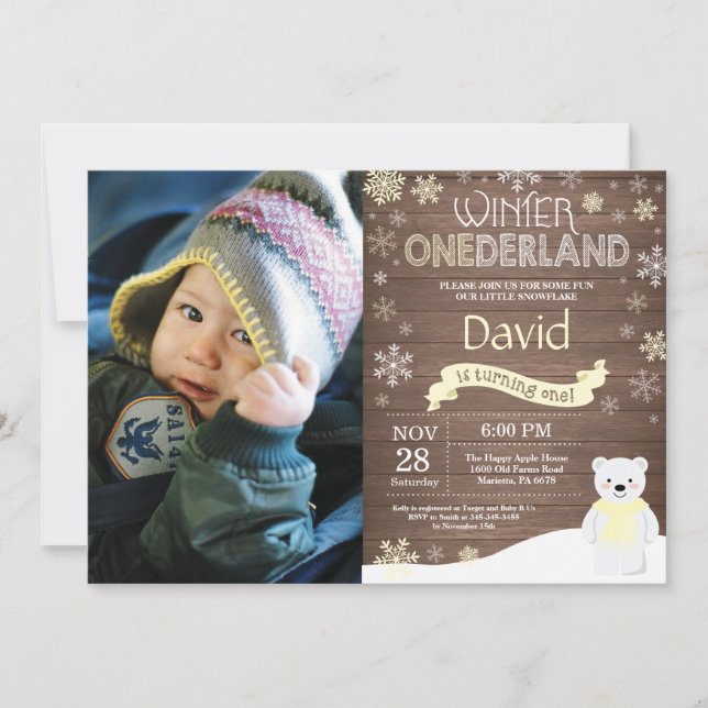 Invitation d'anniversaire rustique d'hiver Onederl (Devant)