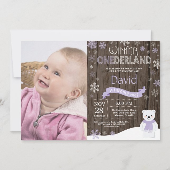 Invitation d'anniversaire rustique d'hiver Onederl (Devant)