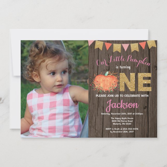 Invitation d'anniversaire Rustique Fille Citrouill (Devant)