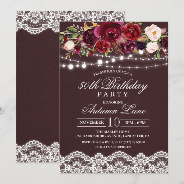 Invitation d'anniversaire rustique floral pour tou (Devant / Derrière)