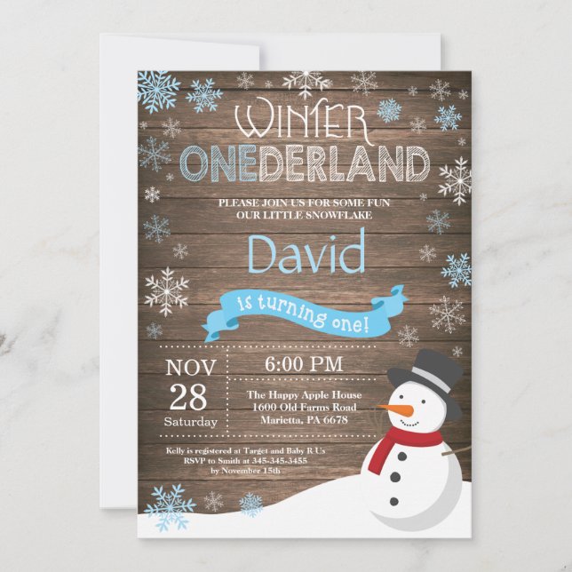 Invitation d'anniversaire rustique hiver Onederlan (Devant)