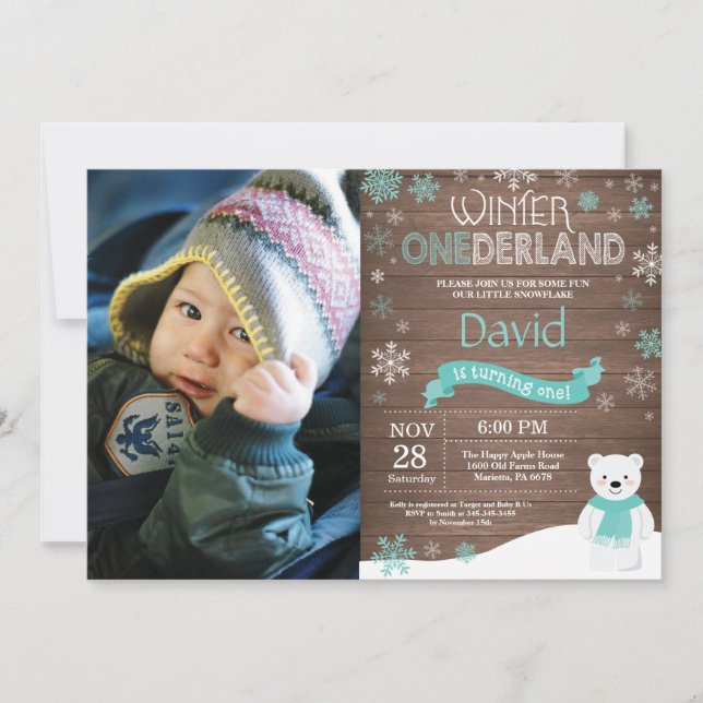 Invitation d'anniversaire rustique hiver Onederlan (Devant)