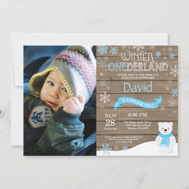 Invitation d'anniversaire rustique hiver Onederlan (Devant)