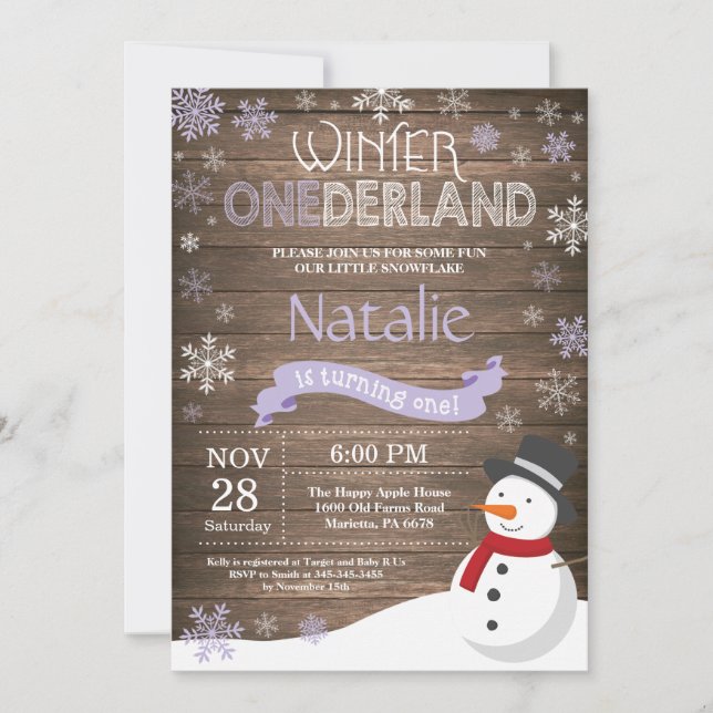 Invitation d'anniversaire rustique hiver Onederlan (Devant)