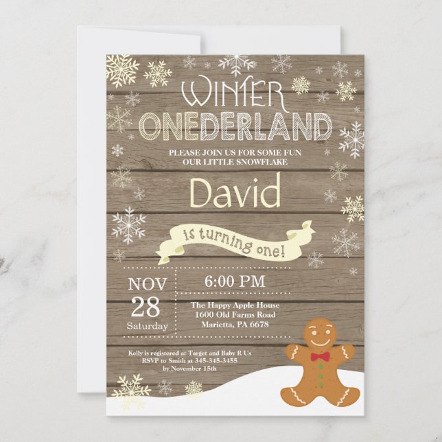 Invitation d'anniversaire rustique hiver Onederlan (Devant)
