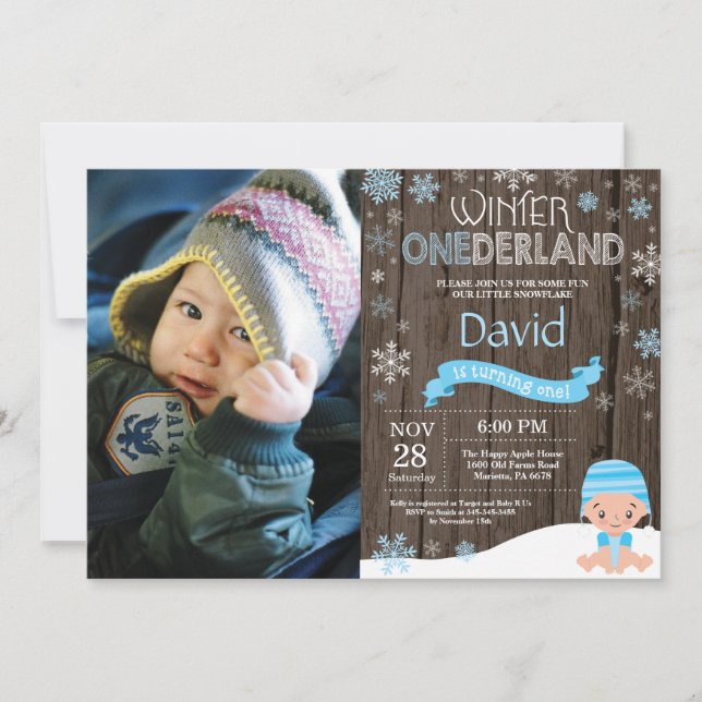 Invitation d'anniversaire rustique hiver Onederlan (Devant)