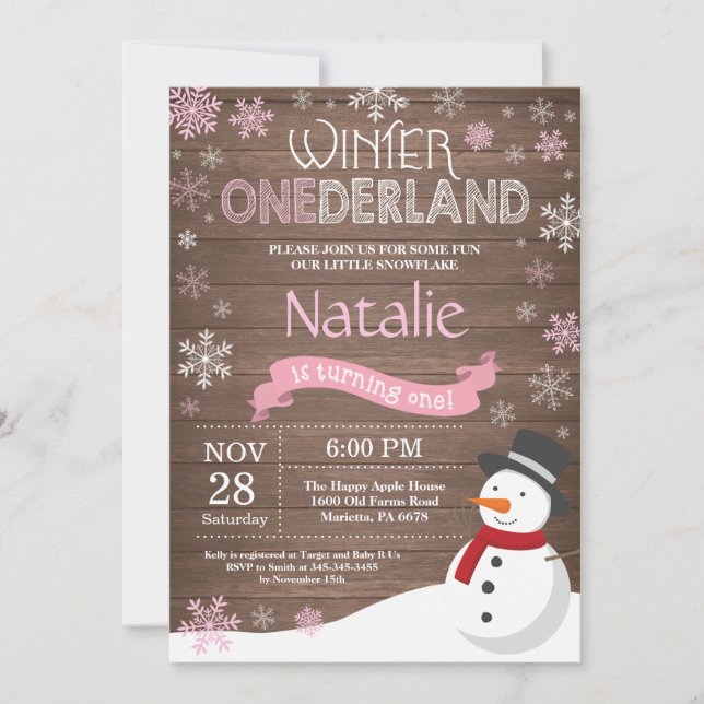 Invitation d'anniversaire rustique hiver Onederlan (Devant)