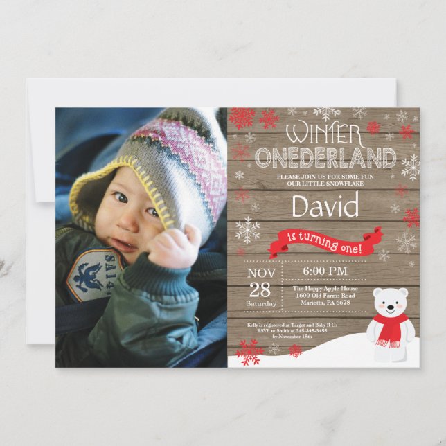 Invitation d'anniversaire rustique hiver Onederlan (Devant)