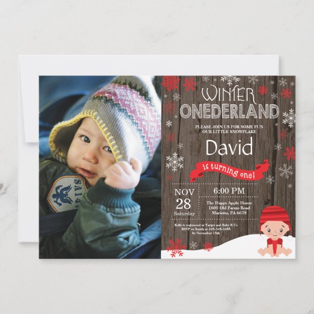 Invitation d'anniversaire rustique hiver Onederlan (Devant)