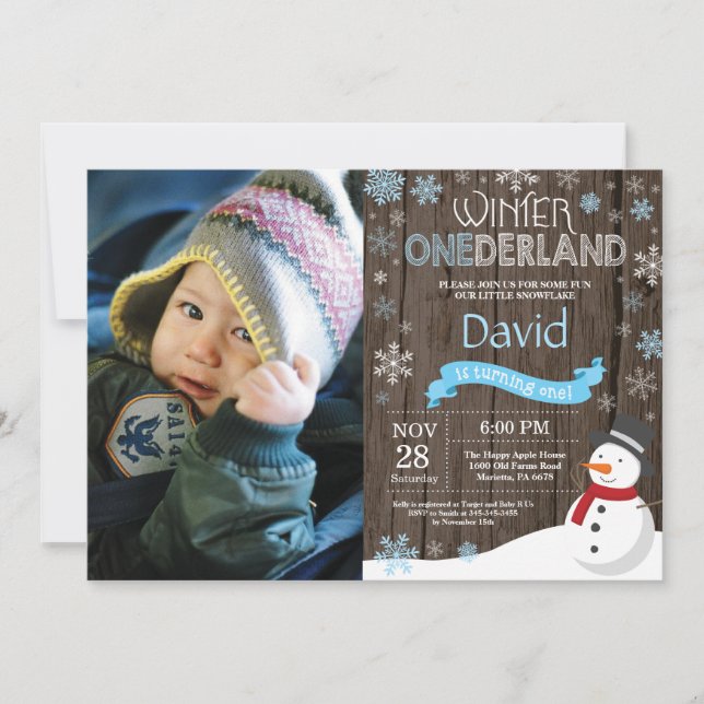 Invitation d'anniversaire rustique hiver Onederlan (Devant)