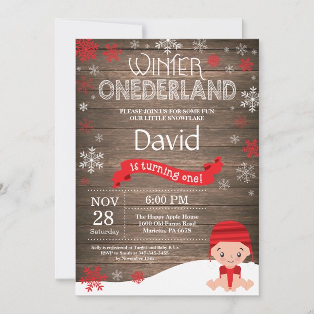 Invitation d'anniversaire rustique hiver Onederlan (Devant)