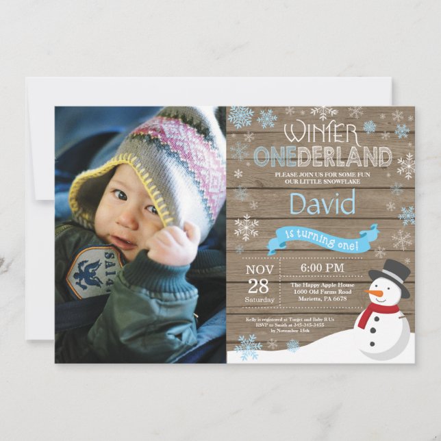 Invitation d'anniversaire rustique hiver Onederlan (Devant)