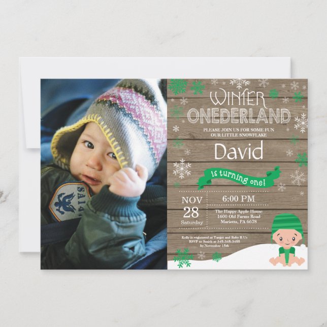 Invitation d'anniversaire rustique hiver Onederlan (Devant)